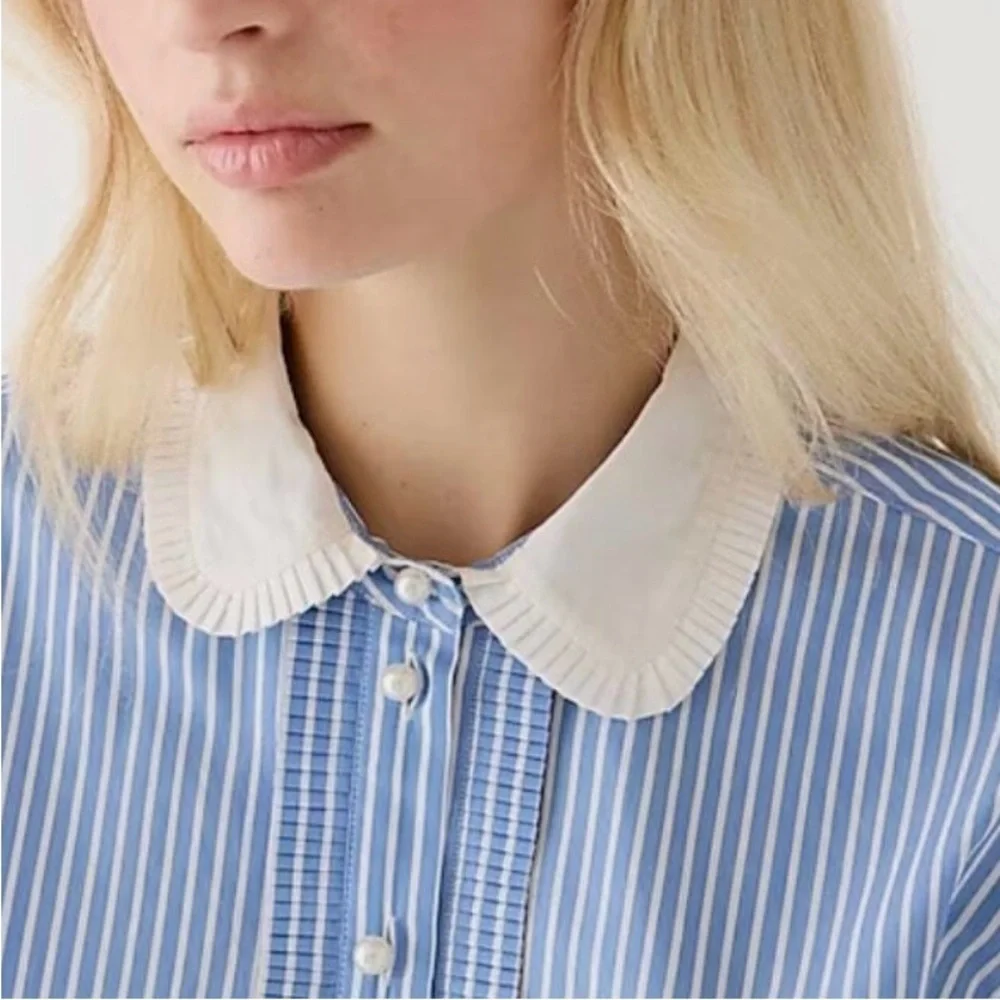 J. Crew Blue and White Striped Button-Up Shirt with Contrast Collar